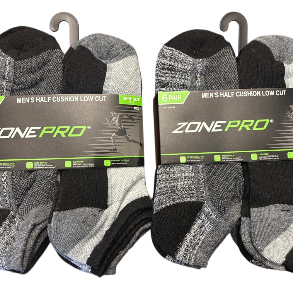 Zone Pro Men's Athletic Low Cut Socks - Black, Gray, and White